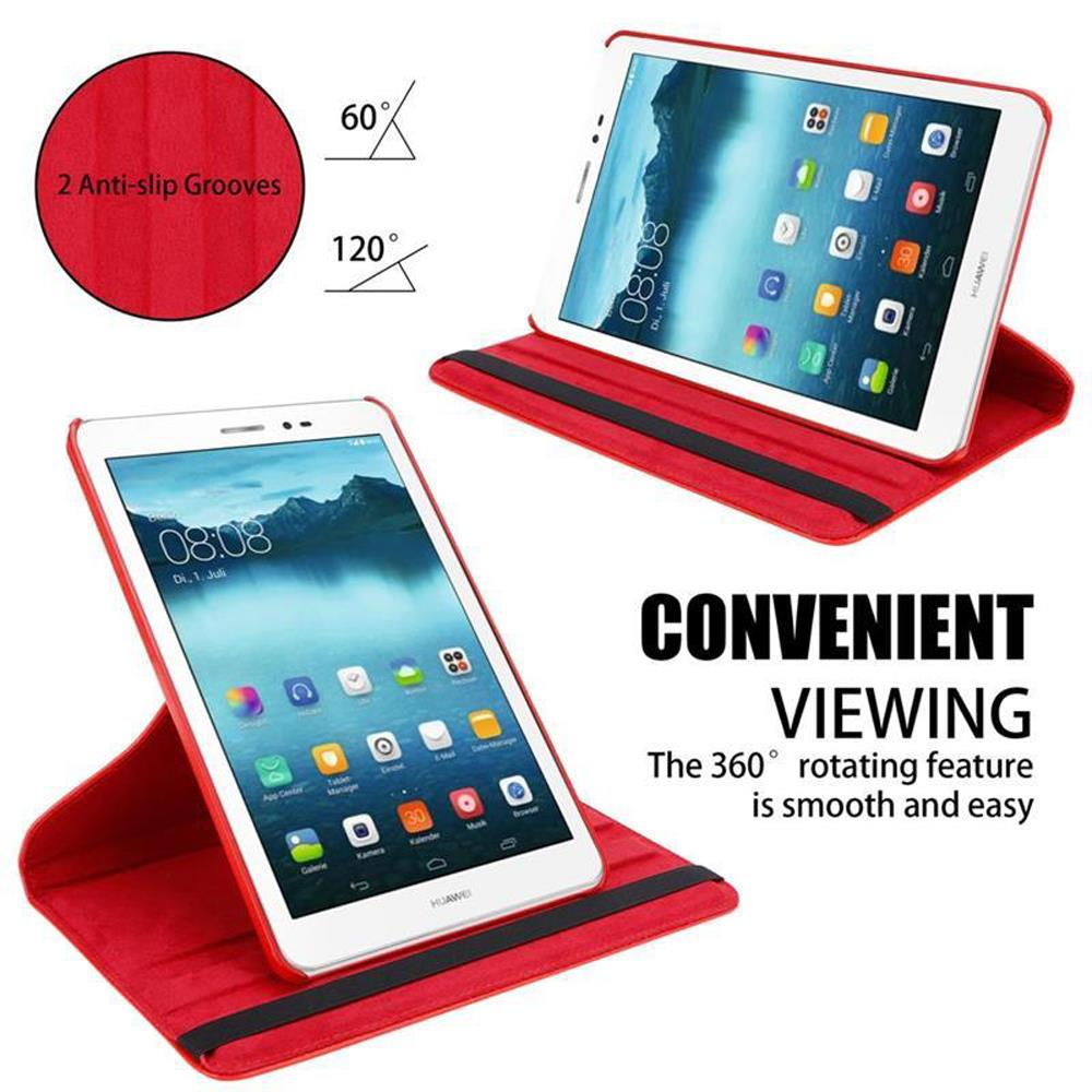 Rote Tablethülle. Zwei Tablets werden gezeigt. Eines ist aufrecht, das andere ist flach. Winkelanzeigen.