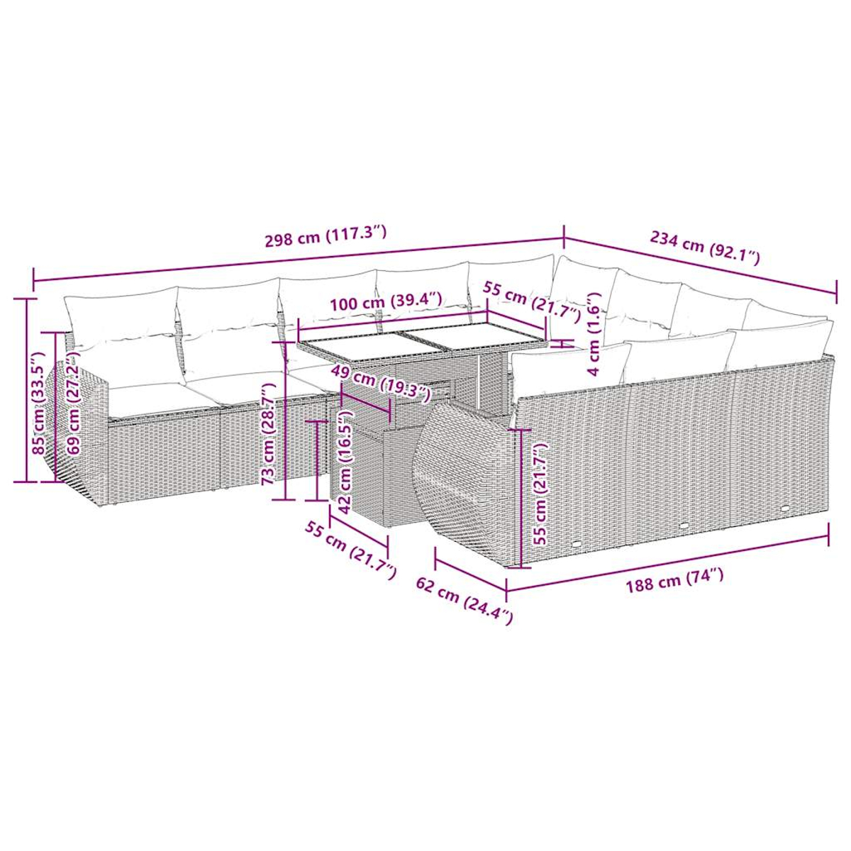 Un diagramma di un divano componibile da esterno con dimensioni: 298 cm, 234 cm, 188 cm, 100 cm, 69 cm e 49 cm, in cm.