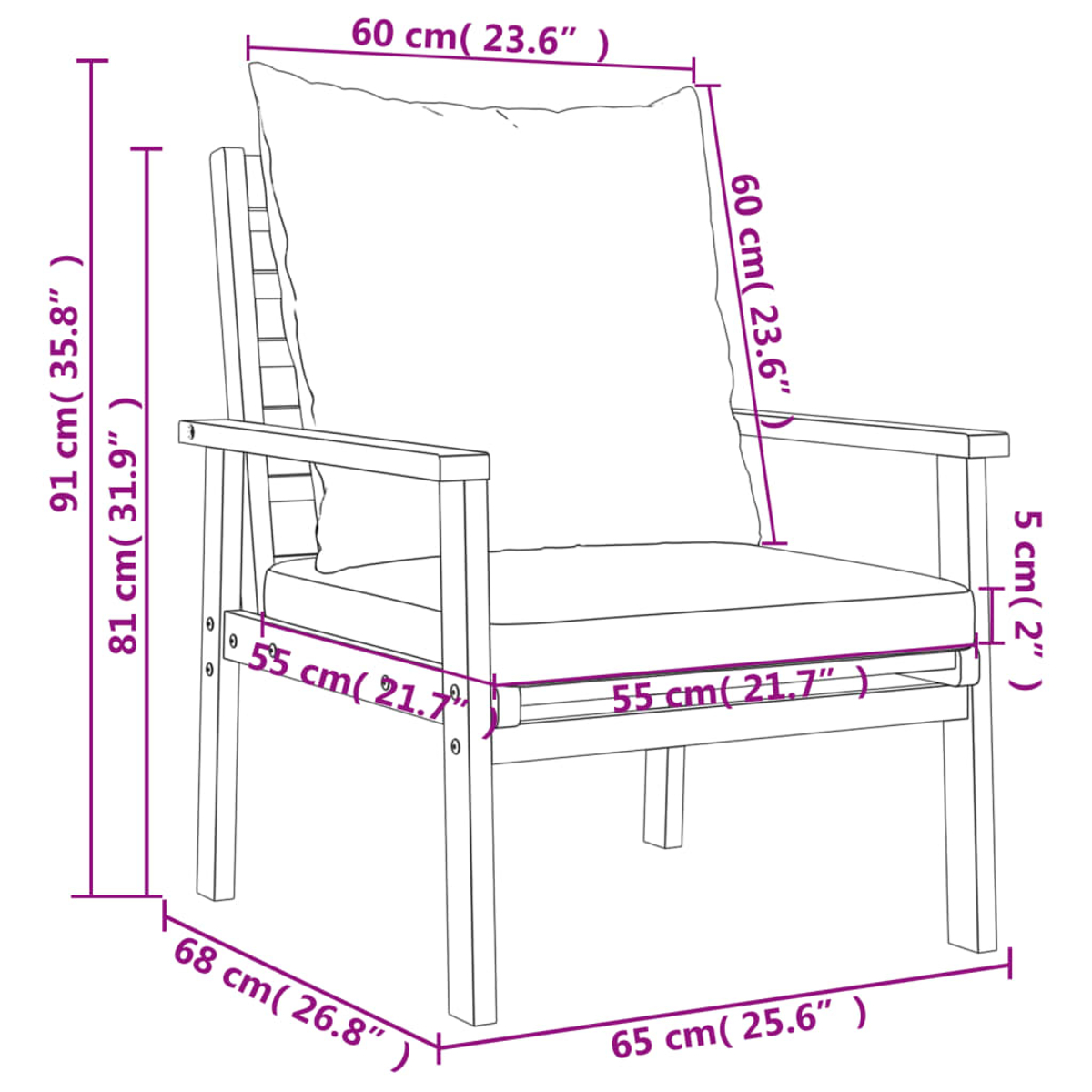 Ein weißes Diagramm eines Stuhls mit Abmessungen: 91 cm, 81 cm, 68 cm, 65 cm, 55 cm, 60 cm und 5 cm, beschriftet in cm und Zoll.