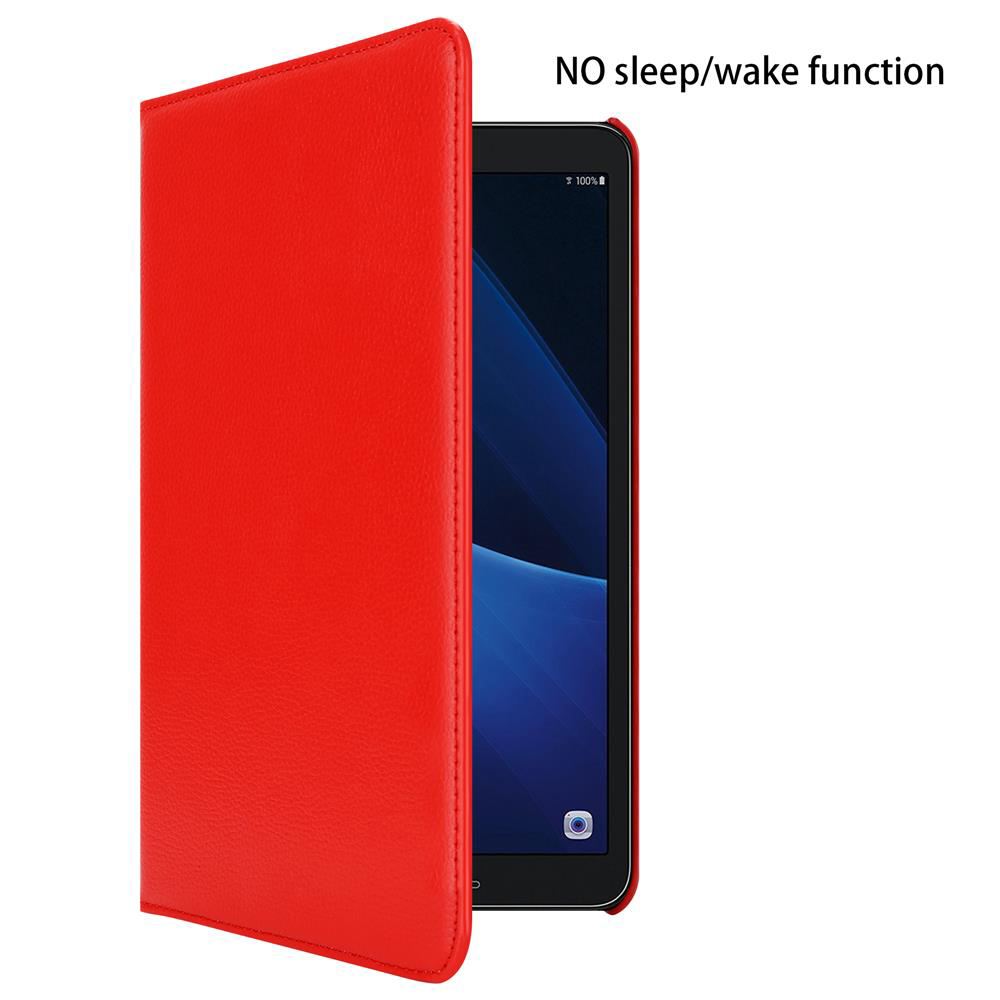 Rote Tablethülle mit einem Tablet darin. Die Hülle ist geöffnet, der Bildschirm sichtbar. Text 'NO sleep/wake function'.