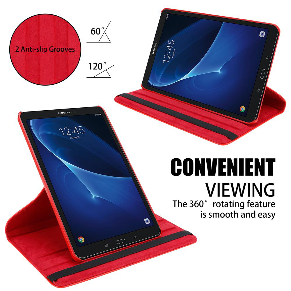Ein rotes Tablet in einer roten Hülle. Text weist auf bequeme Betrachtung und 360° Drehung hin.