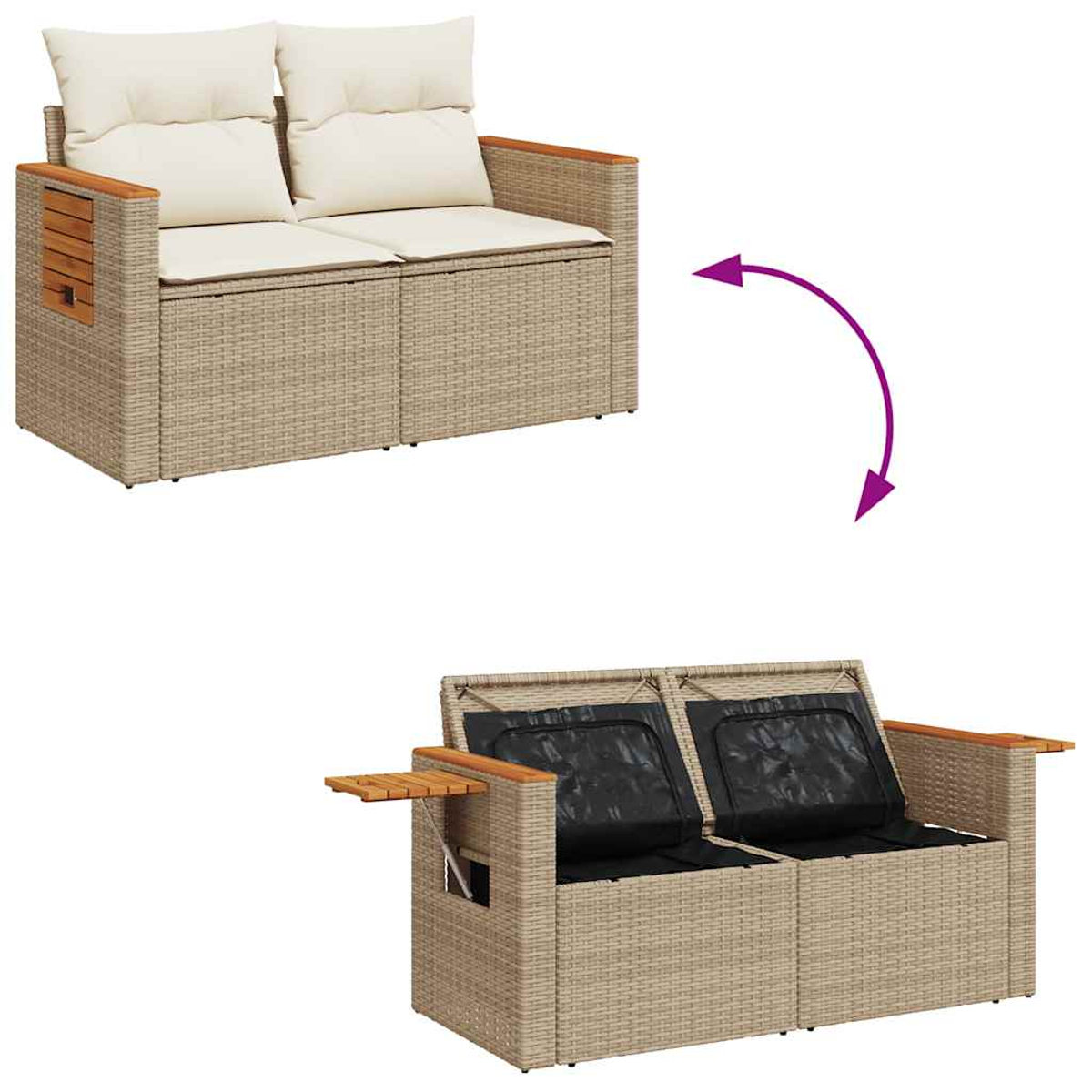 Zweiteiliges Outdoor-Sofa. Oben: Sofa mit Kissen. Unten: Basis mit Stauraum und Beistelltisch.