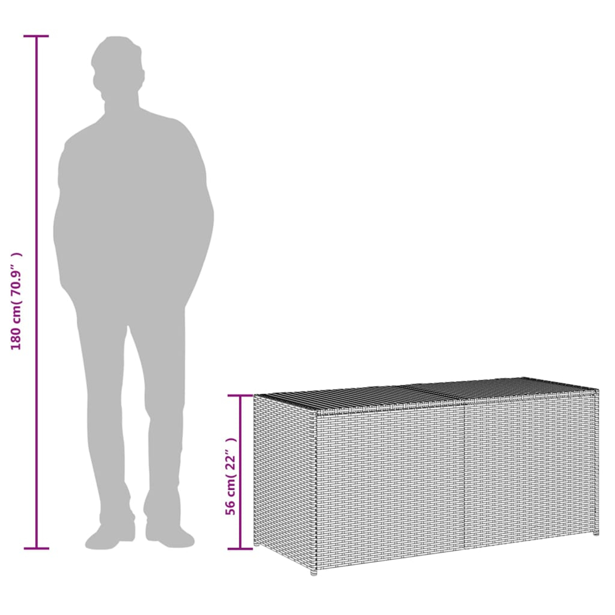 Eine Person steht neben einer grauen Korbtruhe. Truhenmaße sind 56x180 cm.