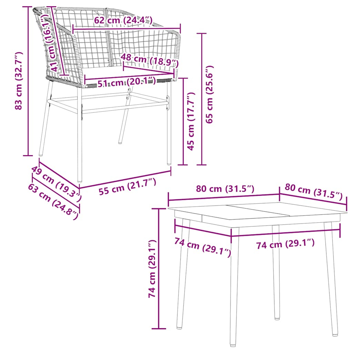 Juego de silla y mesa de mimbre. Dimensiones de la silla: 83x63x49 cm. Mesa: 74x74x74 cm. Marco de metal.