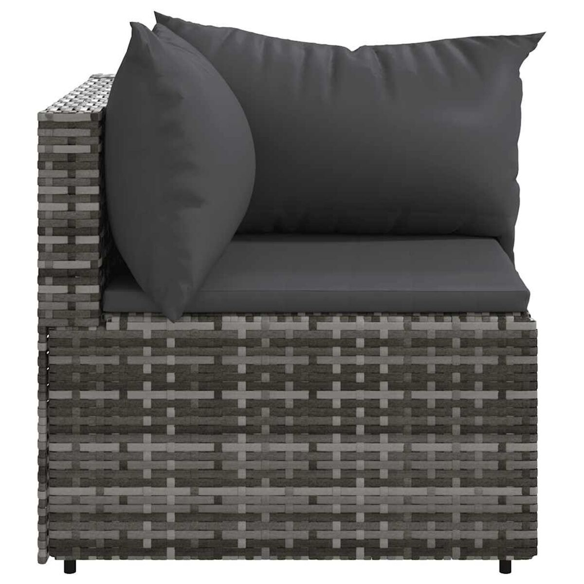 Ecksofa mit dunkelgrauen Kissen. Korbrahmen in Grau. Draufsicht auf das Sofa.