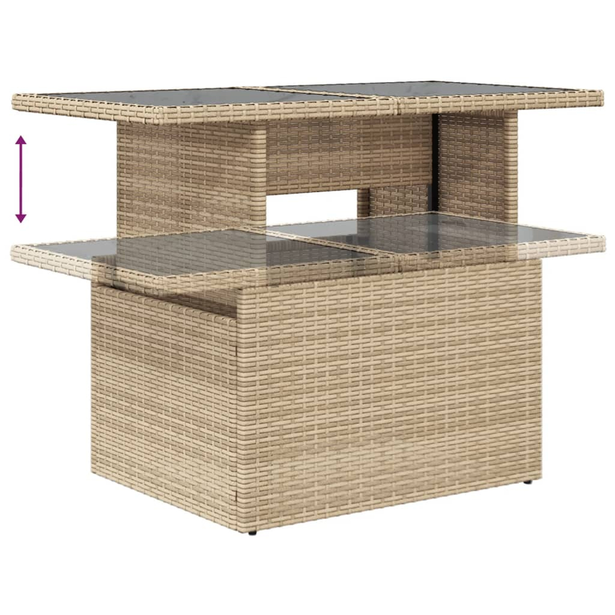 Tavolo da esterno in vimini con piano sollevabile color beige chiaro, con superficie in vetro.