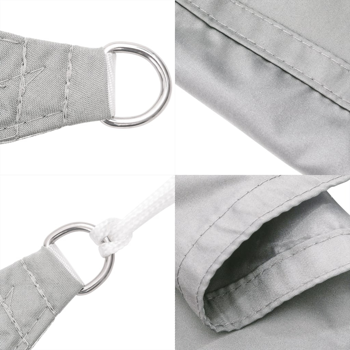 Nahaufnahme eines grauen Sonnensegels mit Metallring und Nahtdetails.