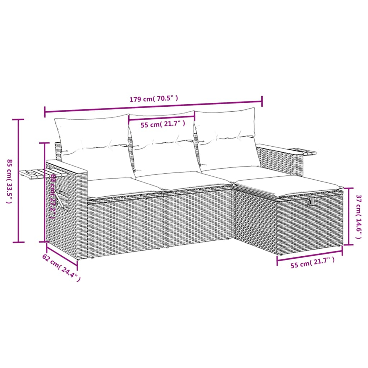 Korbsitzgruppe mit beschrifteten Abmessungen, inklusive Sofa und Beistelltisch.