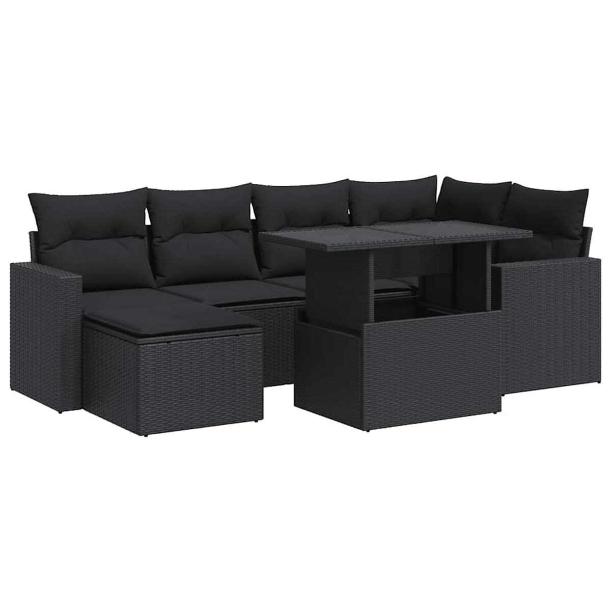 Set divano in vimini nero con tavolo con piano rialzabile e multiple sezioni di seduta.