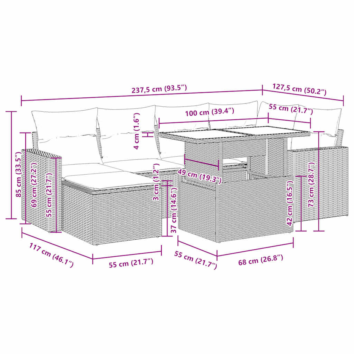 Set di mobili da esterno con dimensioni segnate, tra cui divano, tavolo e sedie, schienale bianco.