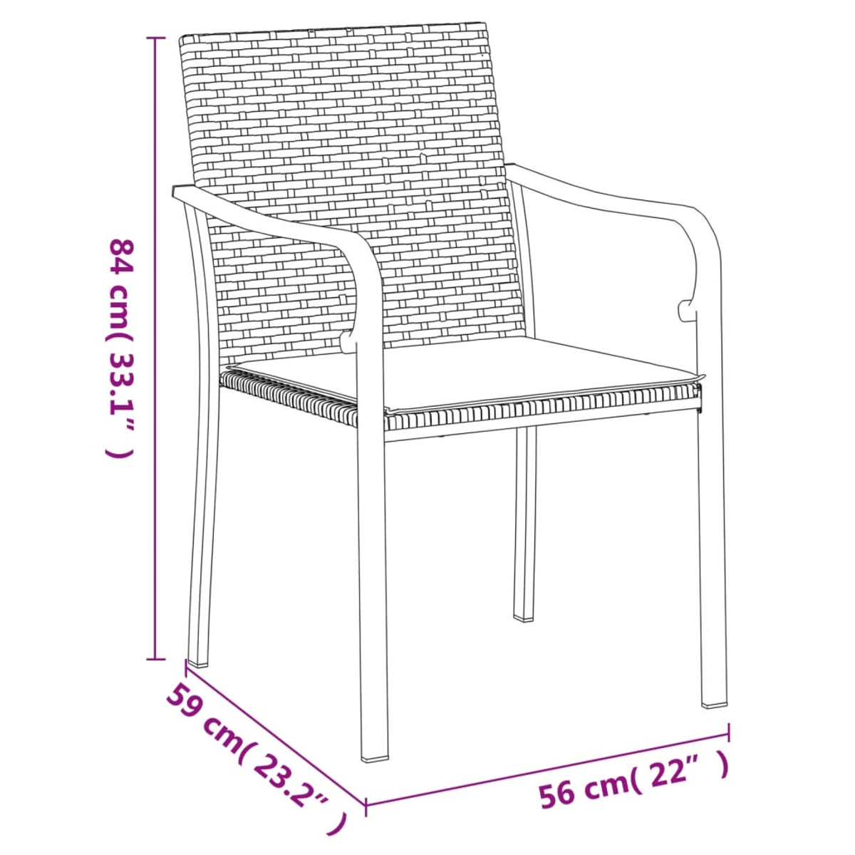 Korbstuhl mit Maßen in cm und Zoll, weißer Sitz und Rücken.