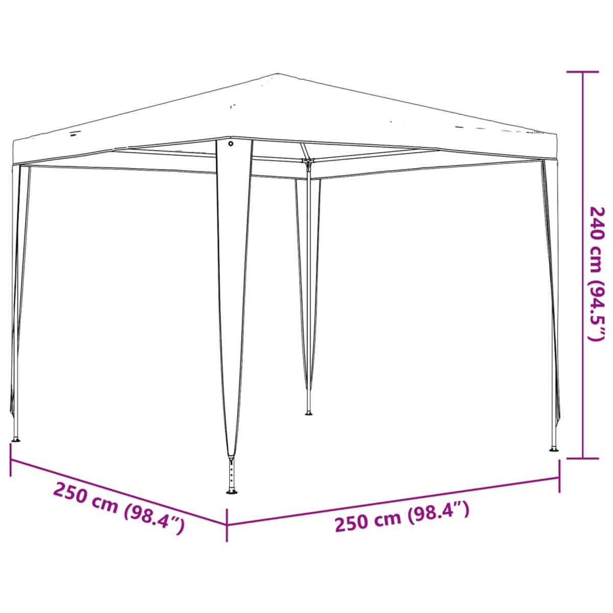 Weißer Pavillon mit beschrifteten Abmessungen, vor weißem Hintergrund.