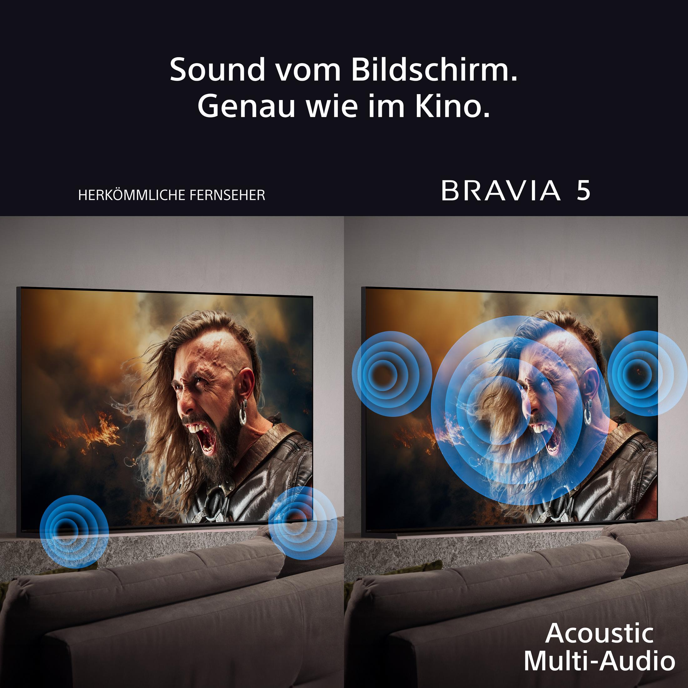 Due TV che mostrano un uomo, circondato da illustrazioni di onde sonore.