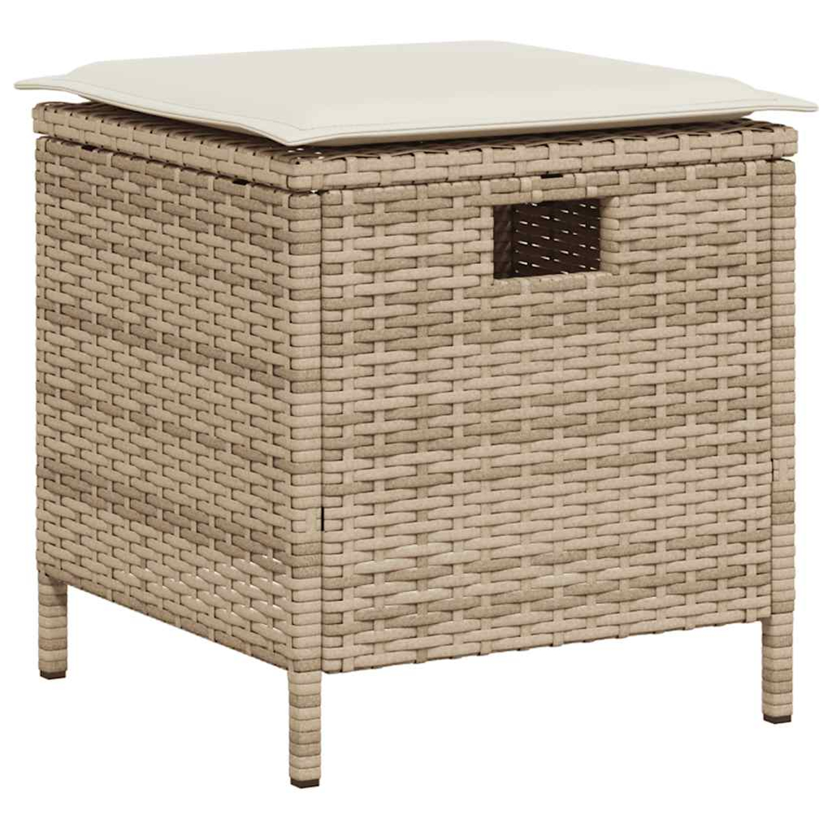 Contenitore in vimini beige con cuscino color crema e maniglia.