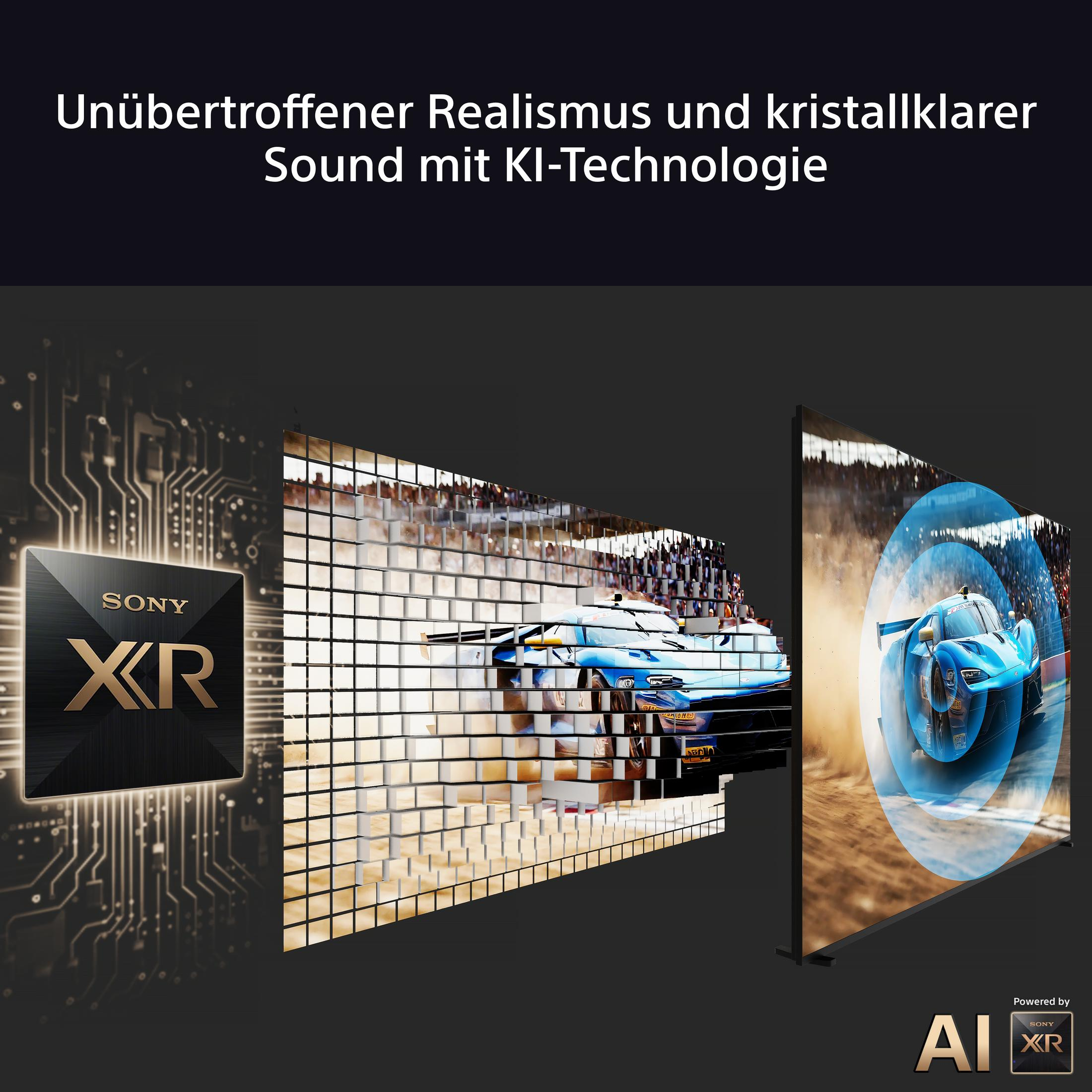 TV-Bildschirm mit Rennwagen. Text hebt Realismus und Klangqualität mit KI-Technologie hervor. Sony XR Logo.