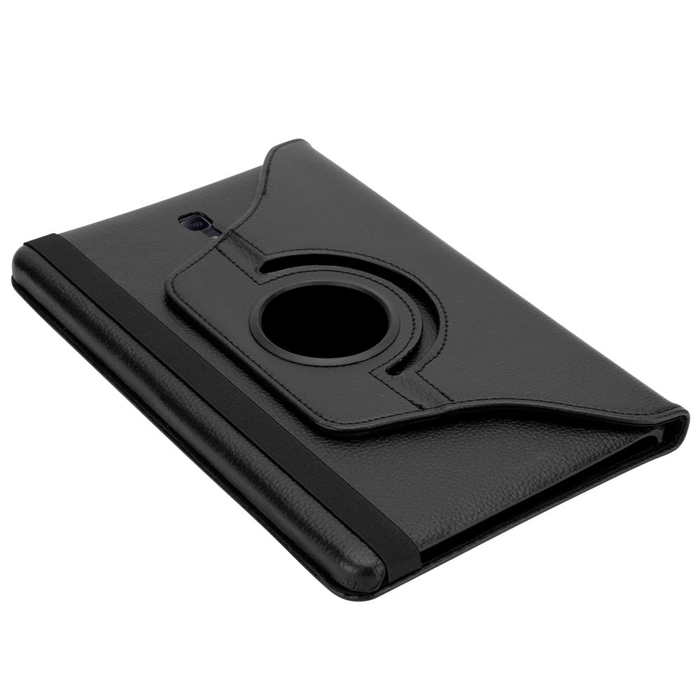 Schwarze Tablet-Hülle mit Drehring und Gummiband. Sie liegt auf einer weißen Oberfläche.
