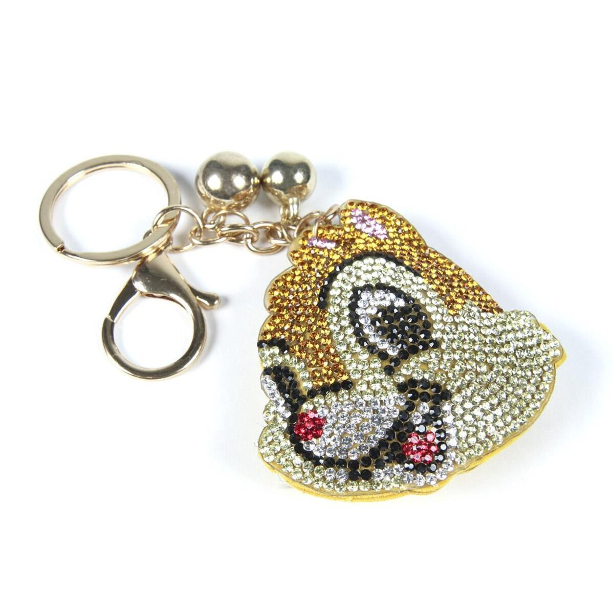 Un llavero de Chip y Dale con un anillo dorado. El llavero está adornado con pedrería.
