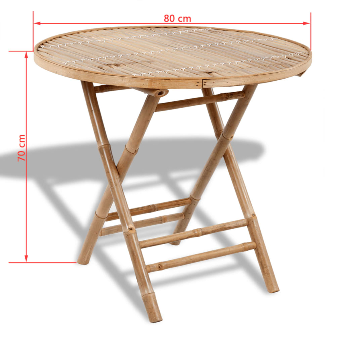Runder Bambustisch mit Klappbeinen. Der Tisch ist hellbraun. Die Beine sind X-förmig.