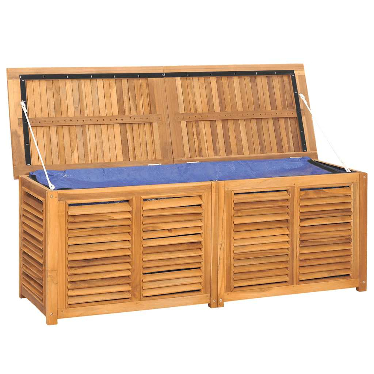 Holz-Stauraumtruhe mit offenem Deckel, der eine blaue Abdeckung zeigt. Sie hat horizontale Lamellen.