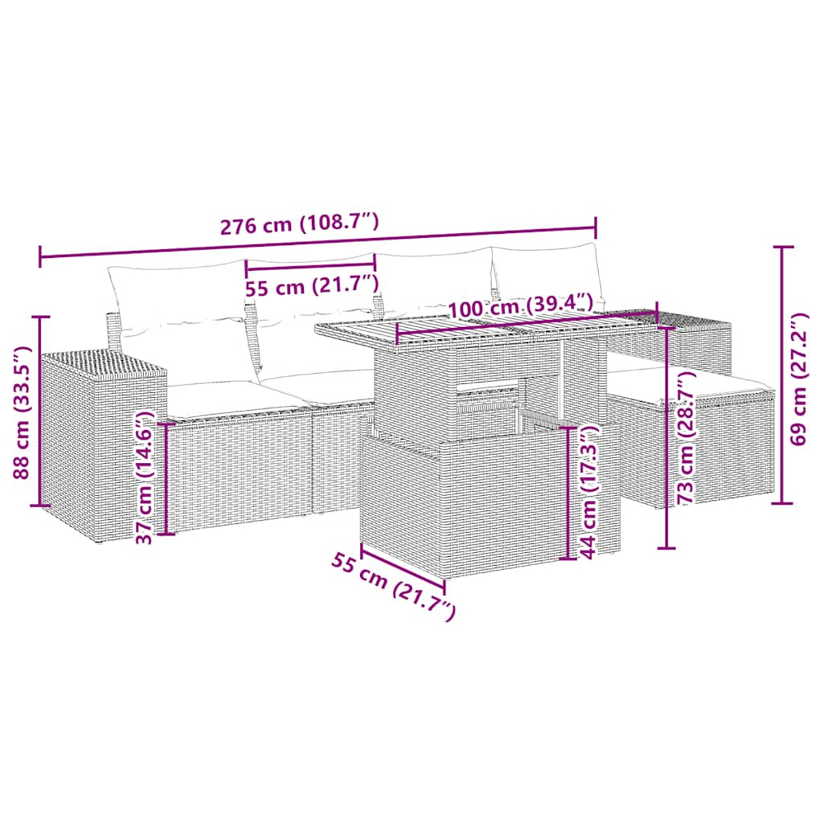 Outdoor-Set mit Sofa, Tisch und Ottoman. Korbgeflechtmöbel. Maße werden angezeigt.