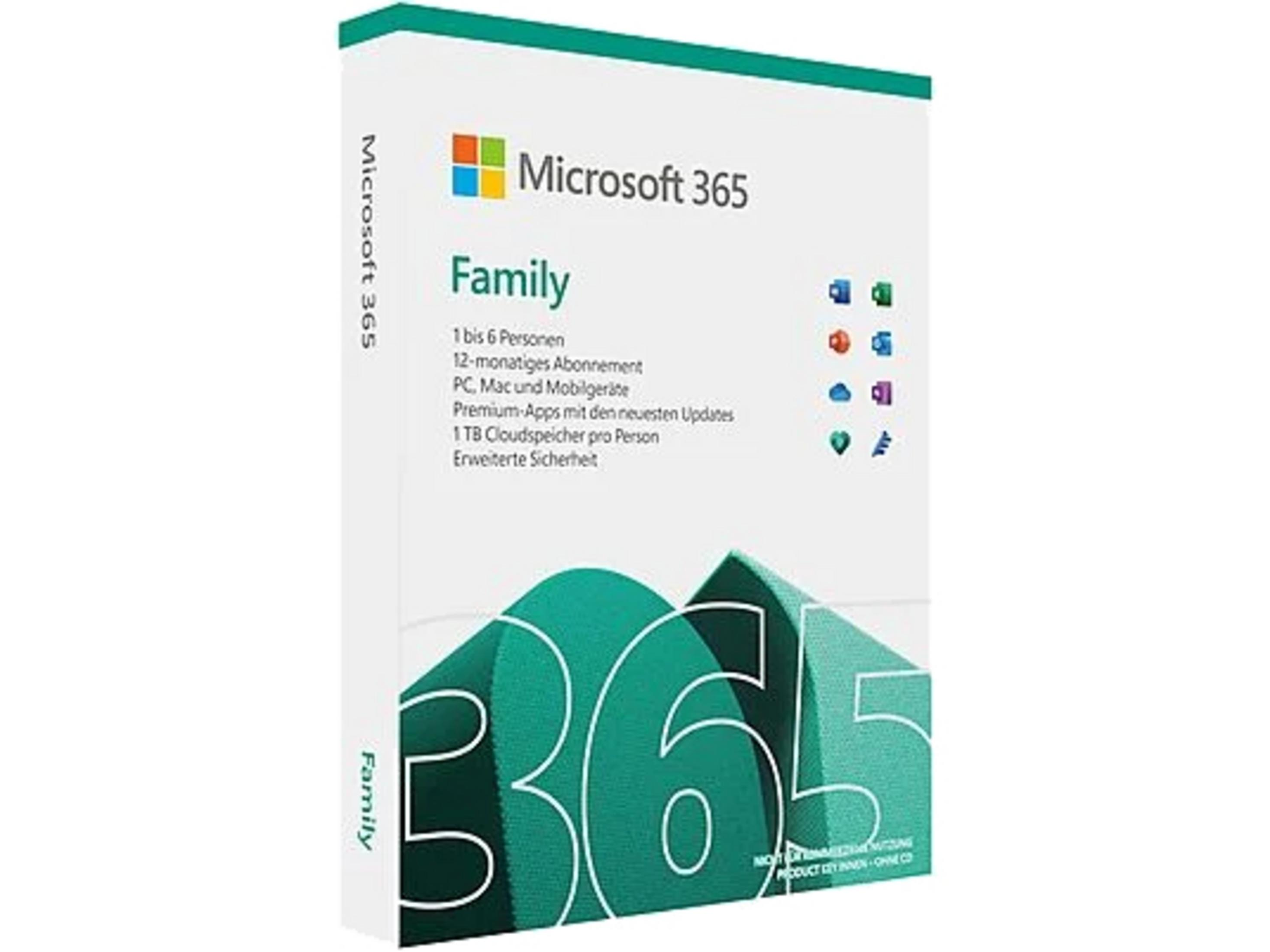 Scatola di Microsoft 365 Family, con un logo colorato e informazioni sul prodotto.