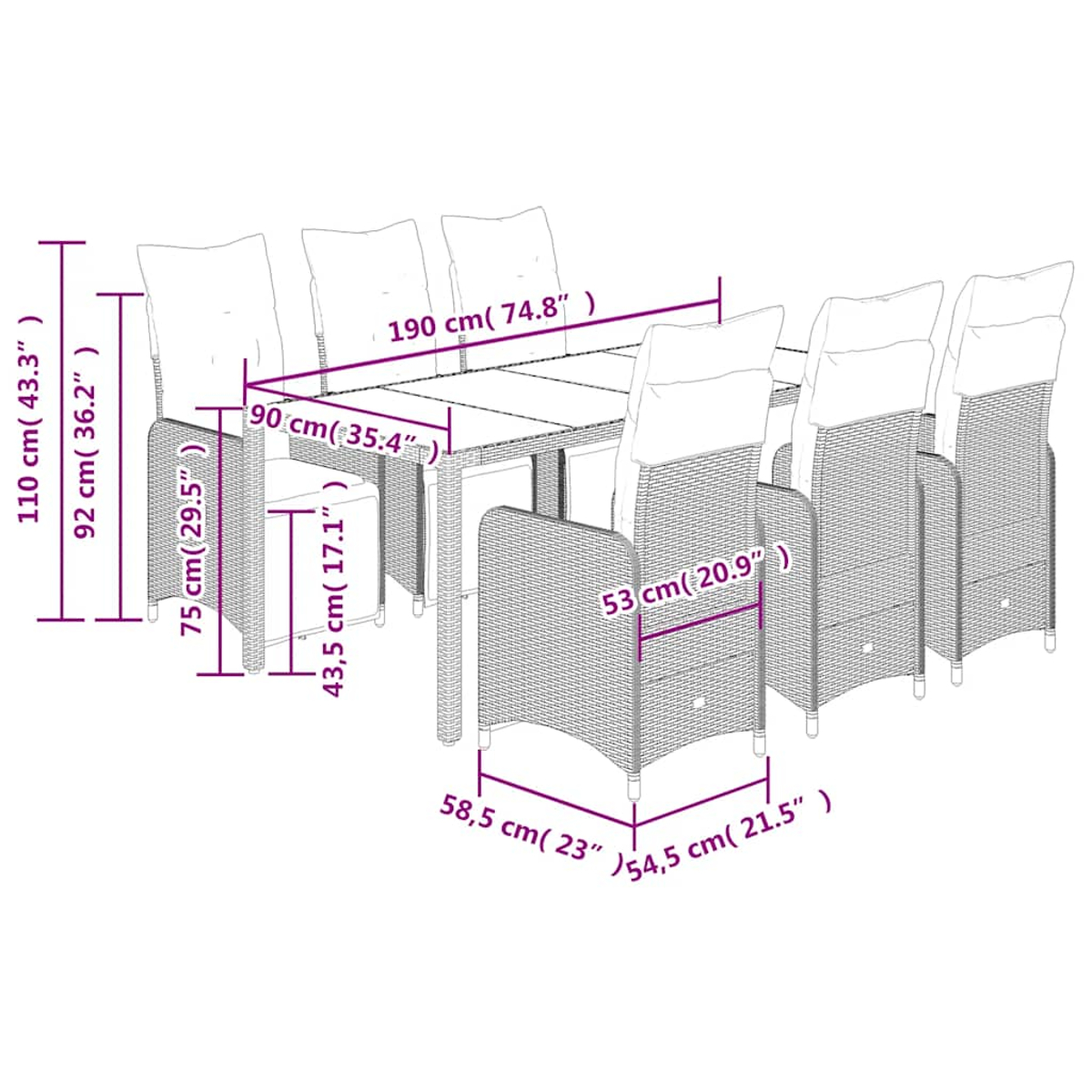È mostrato un set da pranzo con tavolo e sedie. Le dimensioni sono visualizzate.