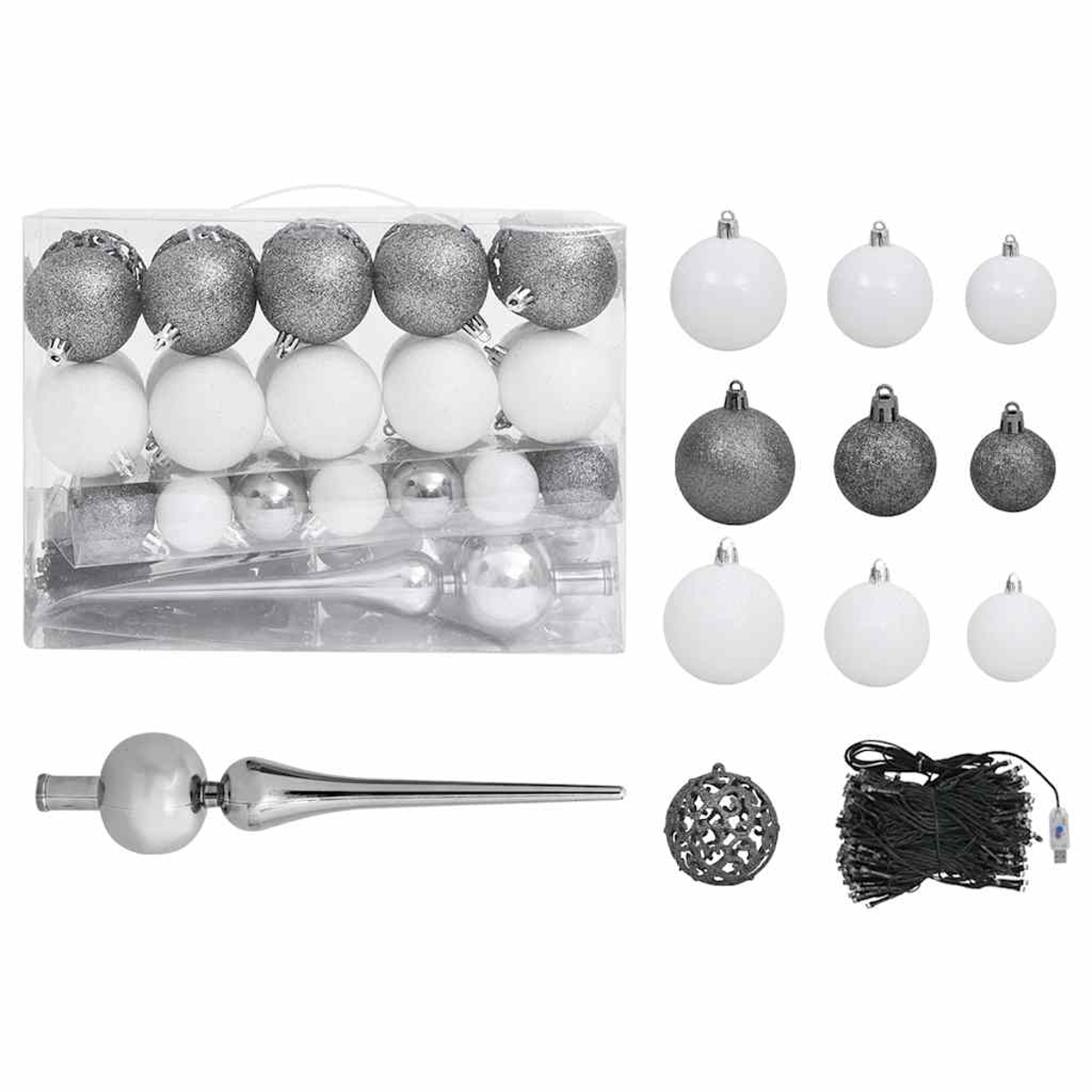 Weihnachtsschmuck in einer Box und einzelne Ornamente, darunter ein Baumschmuck und Lichterketten.