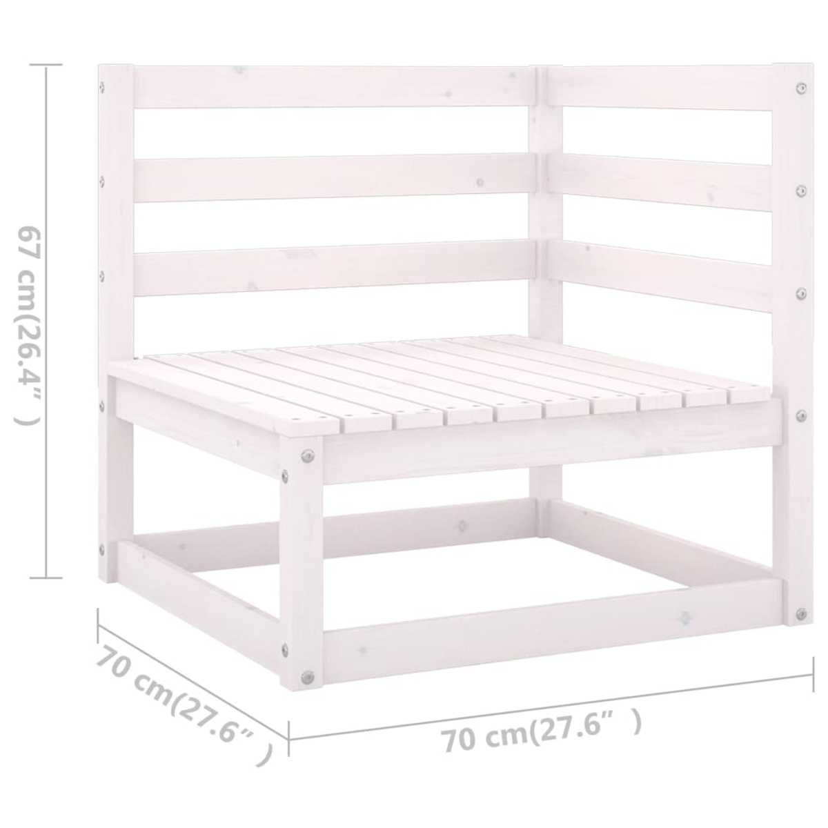 Ein weißer Eckstuhl aus Holz mit Abmessungen in cm und Zoll.