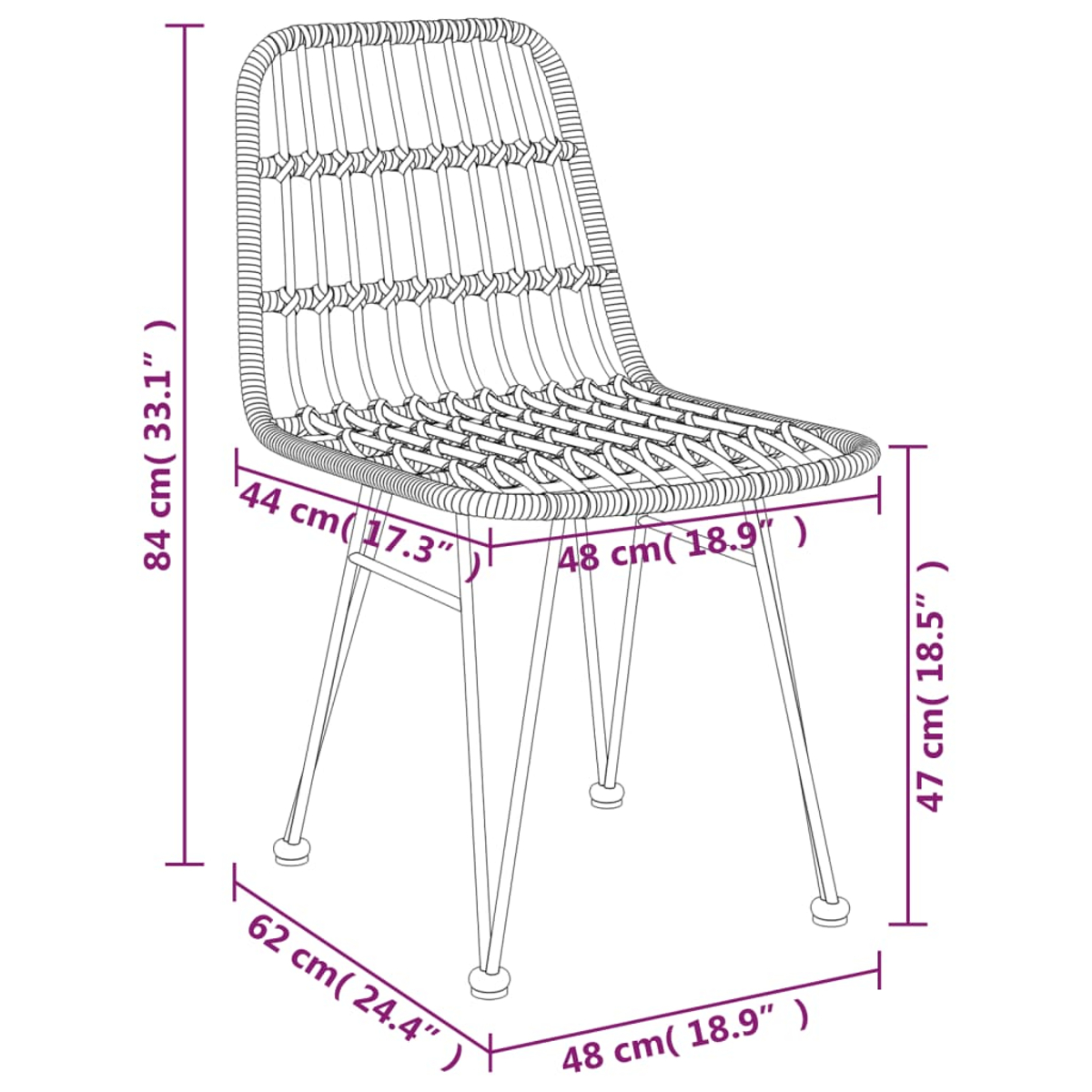 Ein Diagramm, das einen Stuhl mit Maßen zeigt. Der Stuhl ist weiß mit gewebtem Sitz und Metallbeinen.