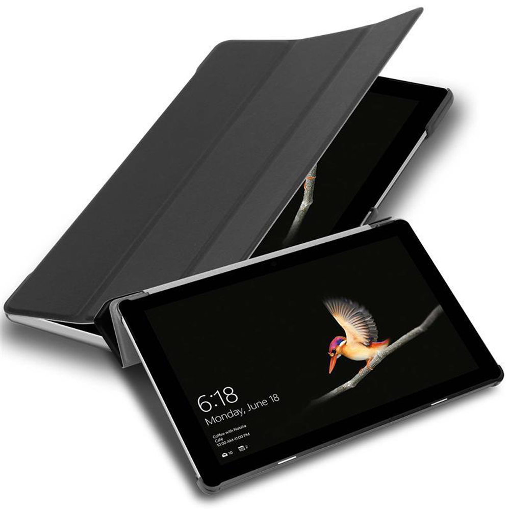 Ein schwarzes Tablet mit einer Hülle. Der Bildschirm zeigt ein Bild eines Vogels auf einem Ast.