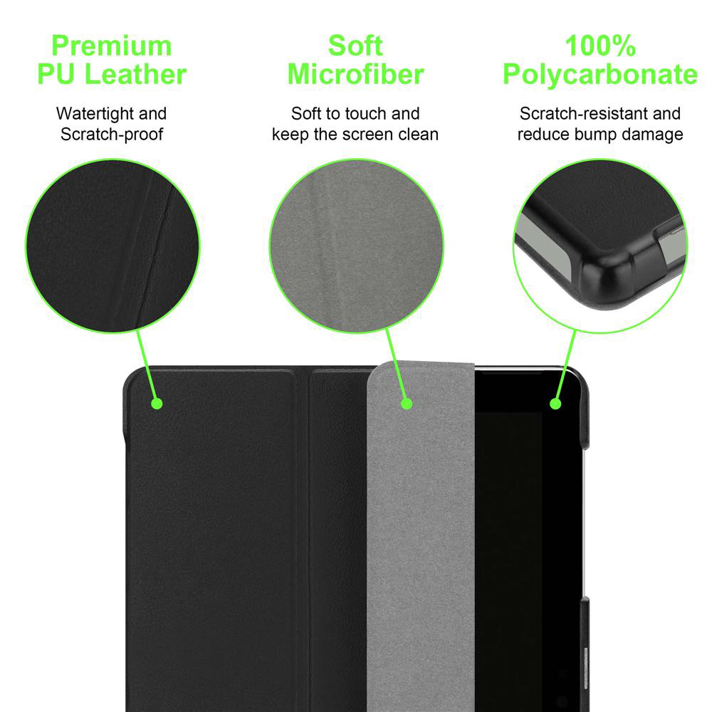 Nahaufnahme einer schwarzen Tablet-Hülle, die Premium-PU-Leder, weiche Mikrofaser und Polycarbonat zeigt.