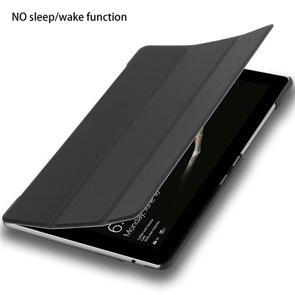 Schwarzes Tablet in Hülle. Text: KEINE Sleep/Wake-Funktion. Bildschirm zeigt Zeit und Datum.