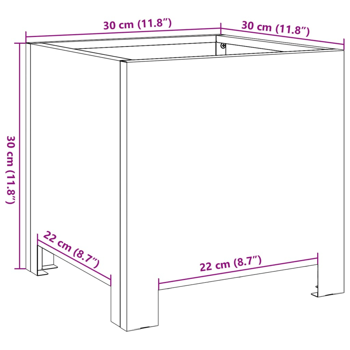 Un mobile in legno con dimensioni indicate in centimetri e pollici. Si trova su una superficie bianca.