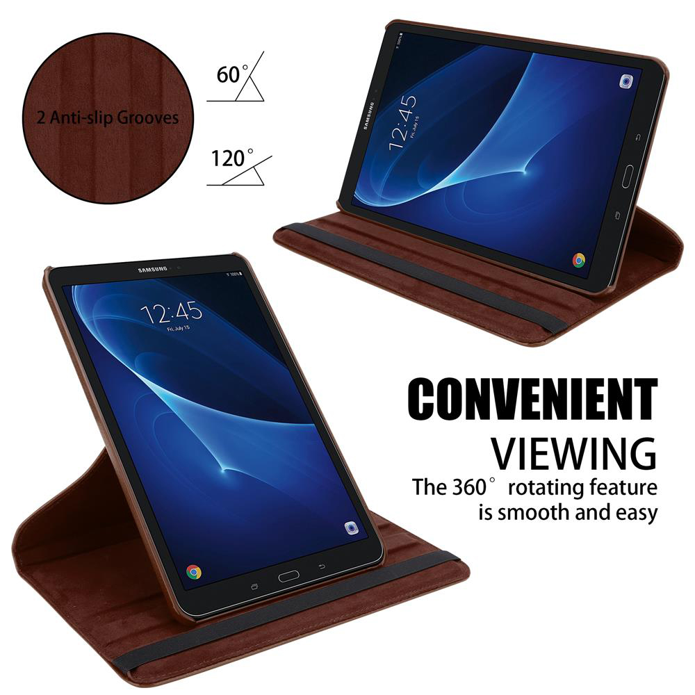 Tablet in einer braunen Hülle, die verschiedene Betrachtungswinkel und Winkelgrade zeigt.
