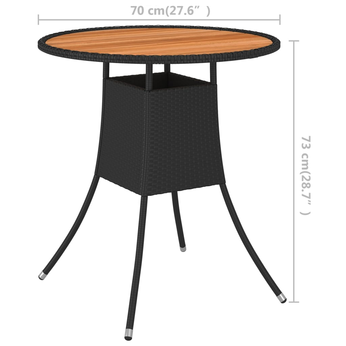 Ein runder Holztisch mit schwarzem Webfuß und drei schwarzen Beinen. Abmessungen sind sichtbar.