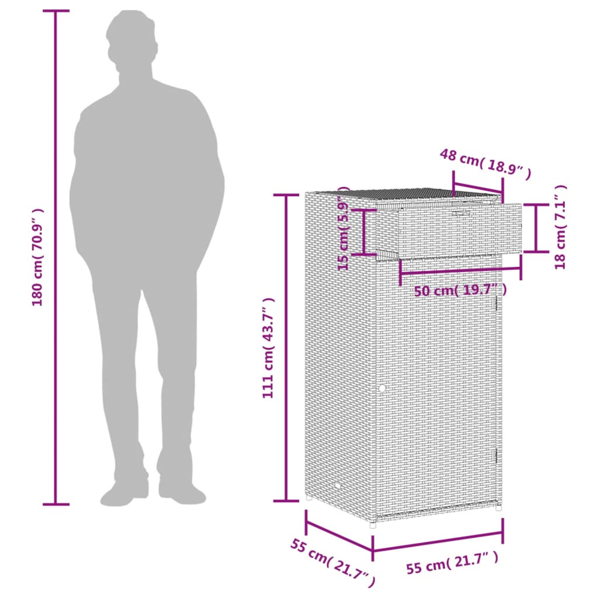 Die Silhouette einer Person neben einem hohen Weidekorb mit in cm und Zoll beschrifteten Abmessungen.