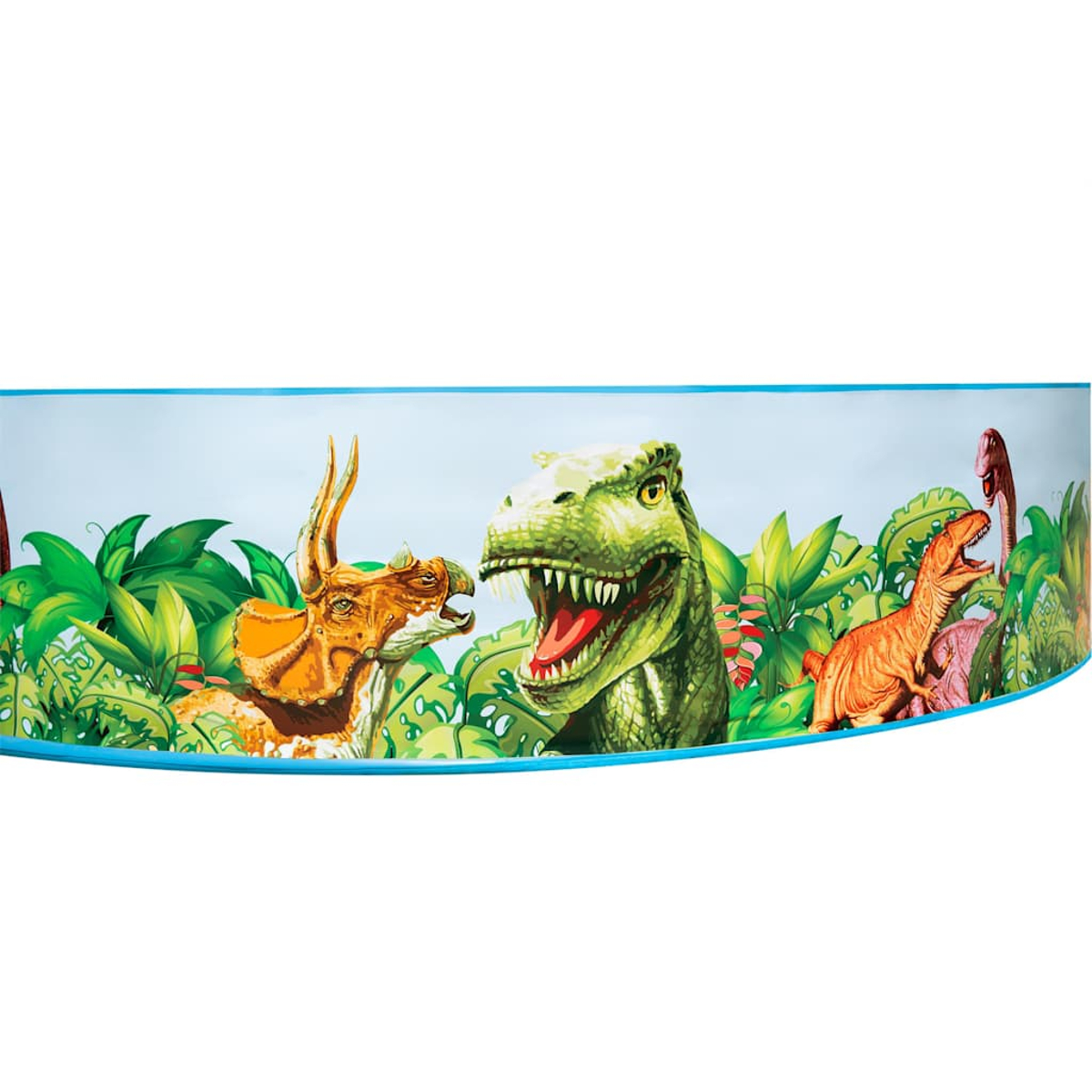 Eine gekrümmte Illustration einer Dinosaurier-Szene mit mehreren Dinosauriern, üppigem grünen Laub und blauem Himmel.