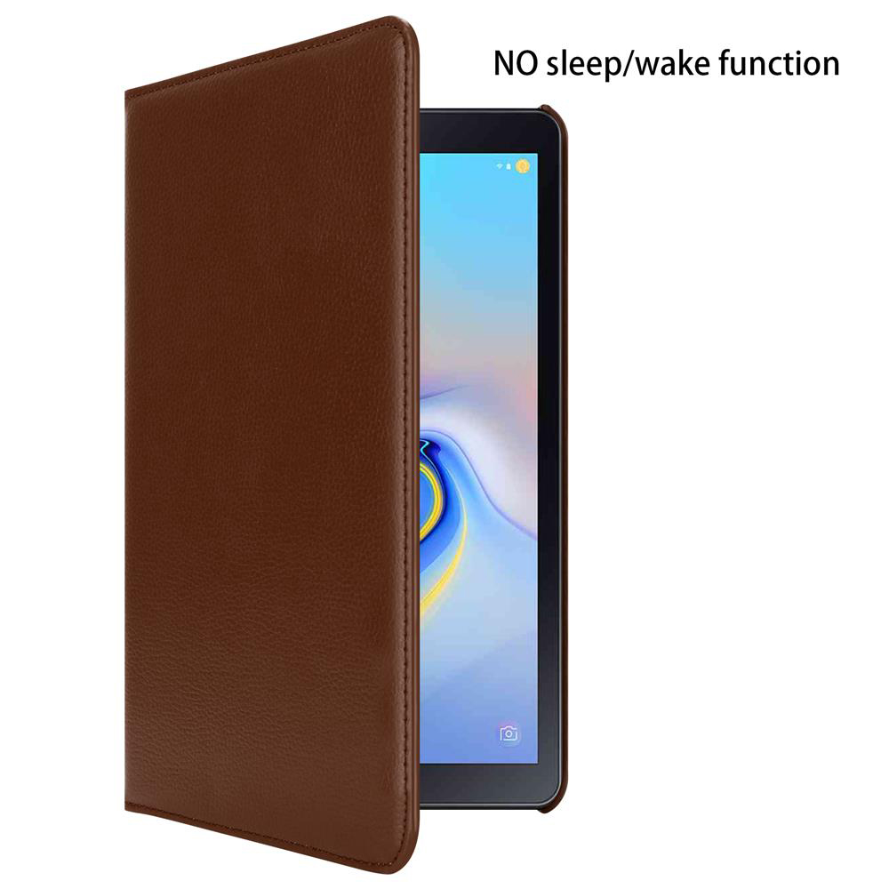 Eine braune Tablethülle. Der Tablet-Bildschirm ist sichtbar mit dem Hinweis "KEINE Schlaf-/Weckfunktion".