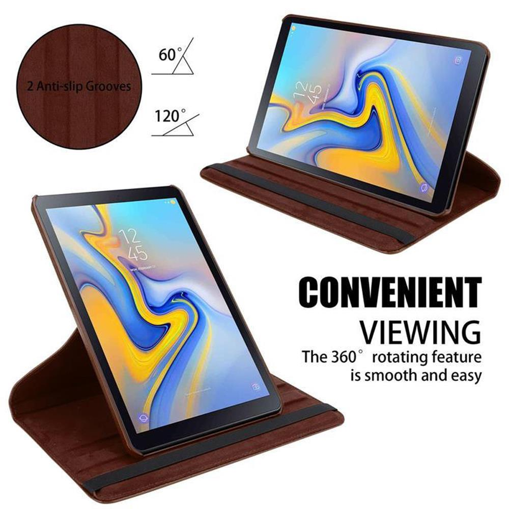 Ein Tablet in einer braunen Lederhülle, mit Text über komfortables Betrachten und eine Drehfunktion.