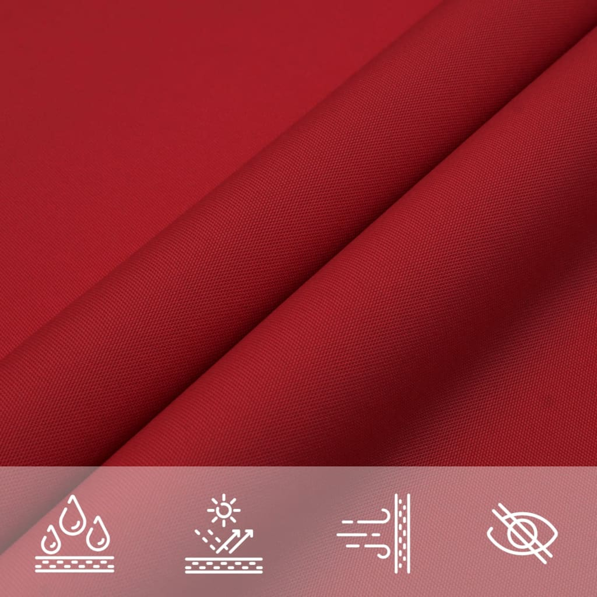 Tessuto rosso, primo piano. Icone: gocce d'acqua, protezione solare, traspirabilità, non trasparente.