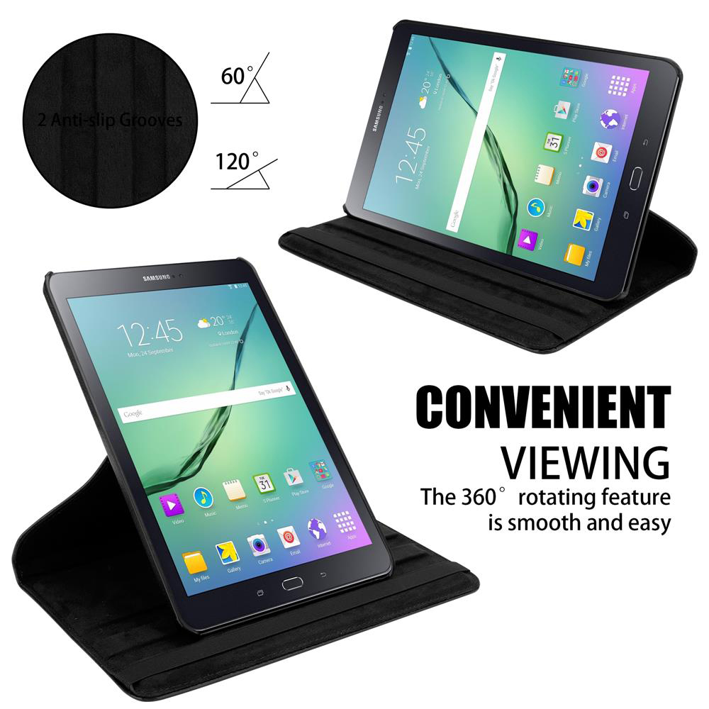 Zwei Tablets in schwarzen Hüllen, mit Text über komfortable Betrachtungswinkel. Weißer Hintergrund.