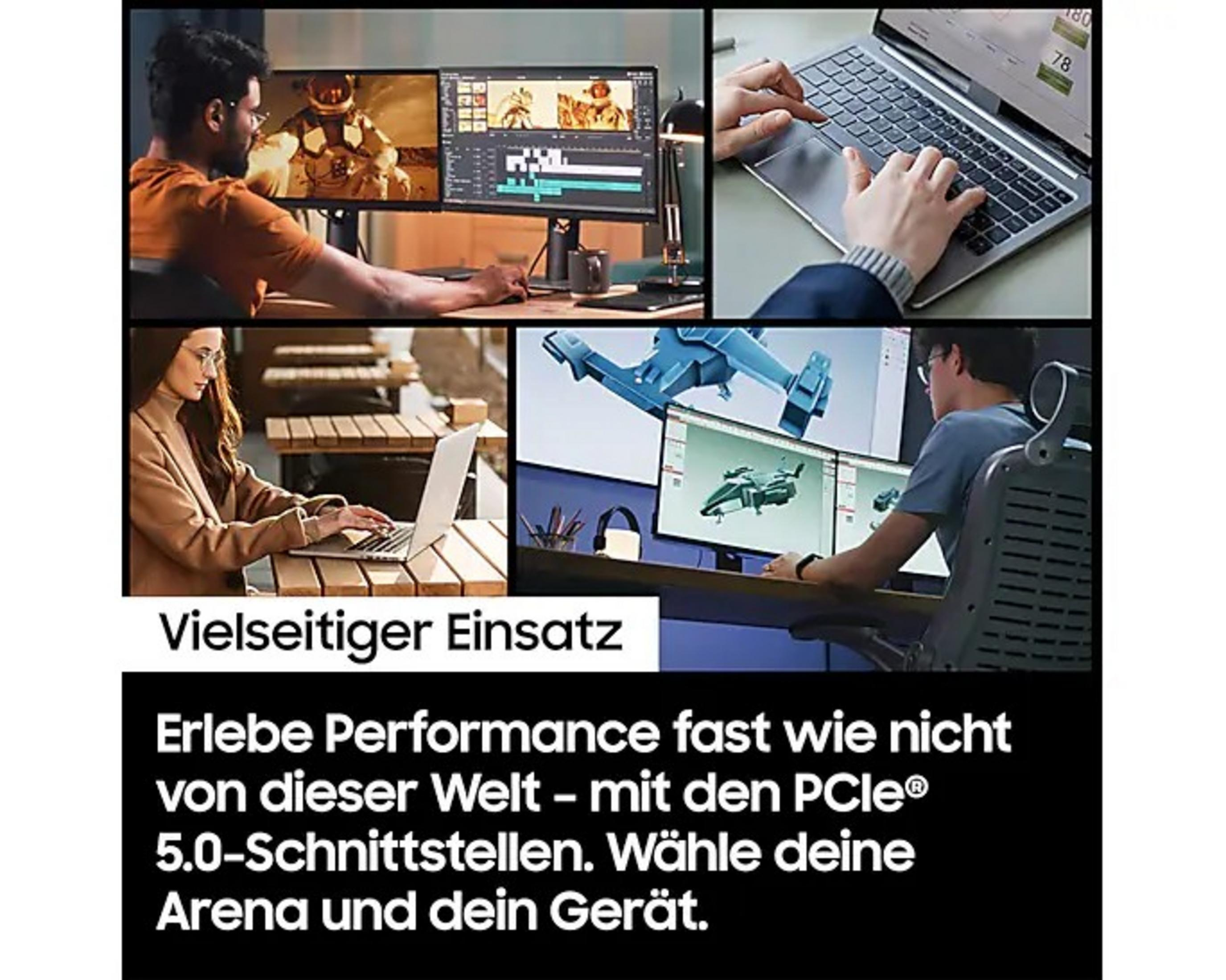 Wiele ekranów pokazujących ludzi pracujących na komputerach, tekst: Vielseitiger Einsatz...