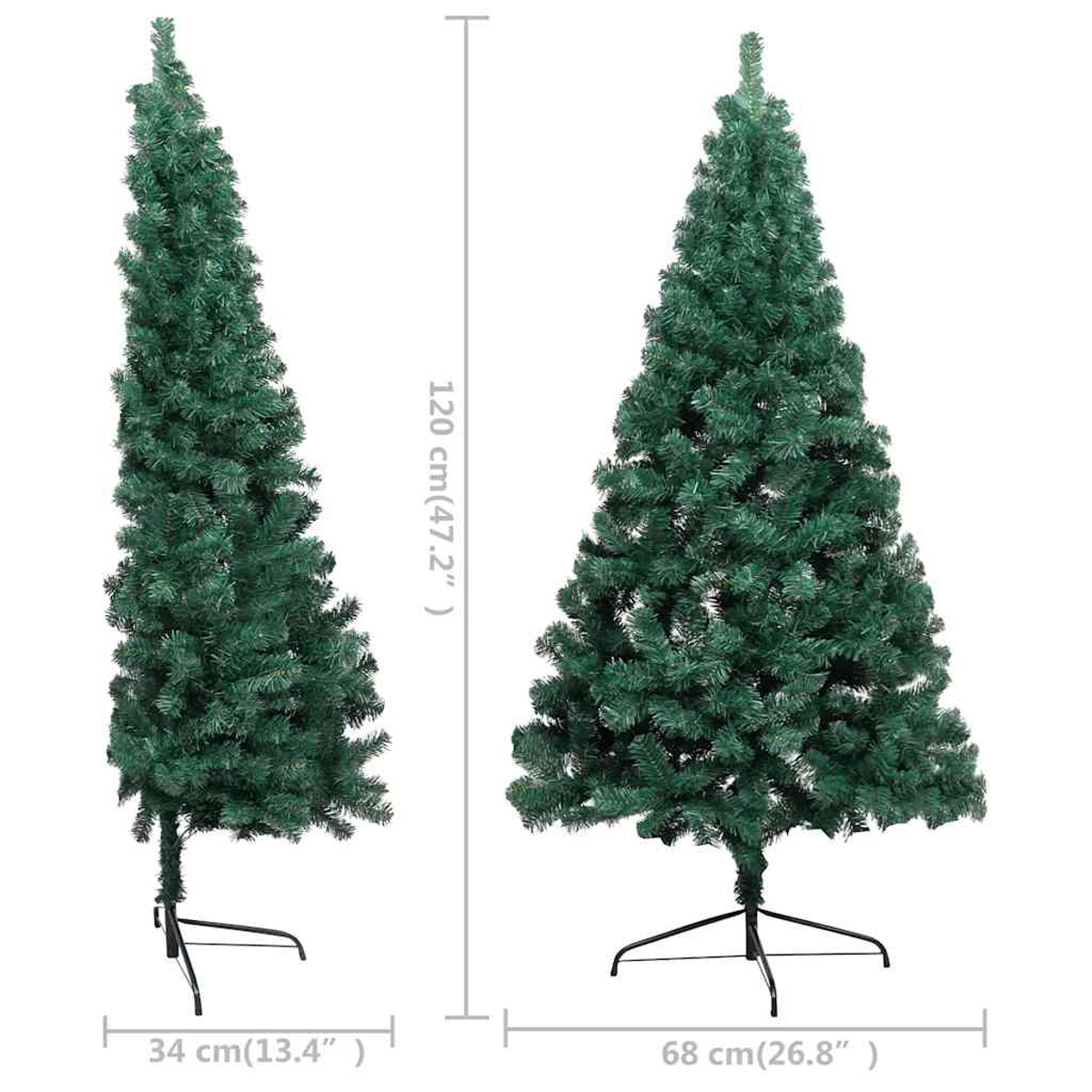 Zwei grüne künstliche Weihnachtsbäume. Einer ist dünn, der andere voll. Beide auf schwarzen Ständern.