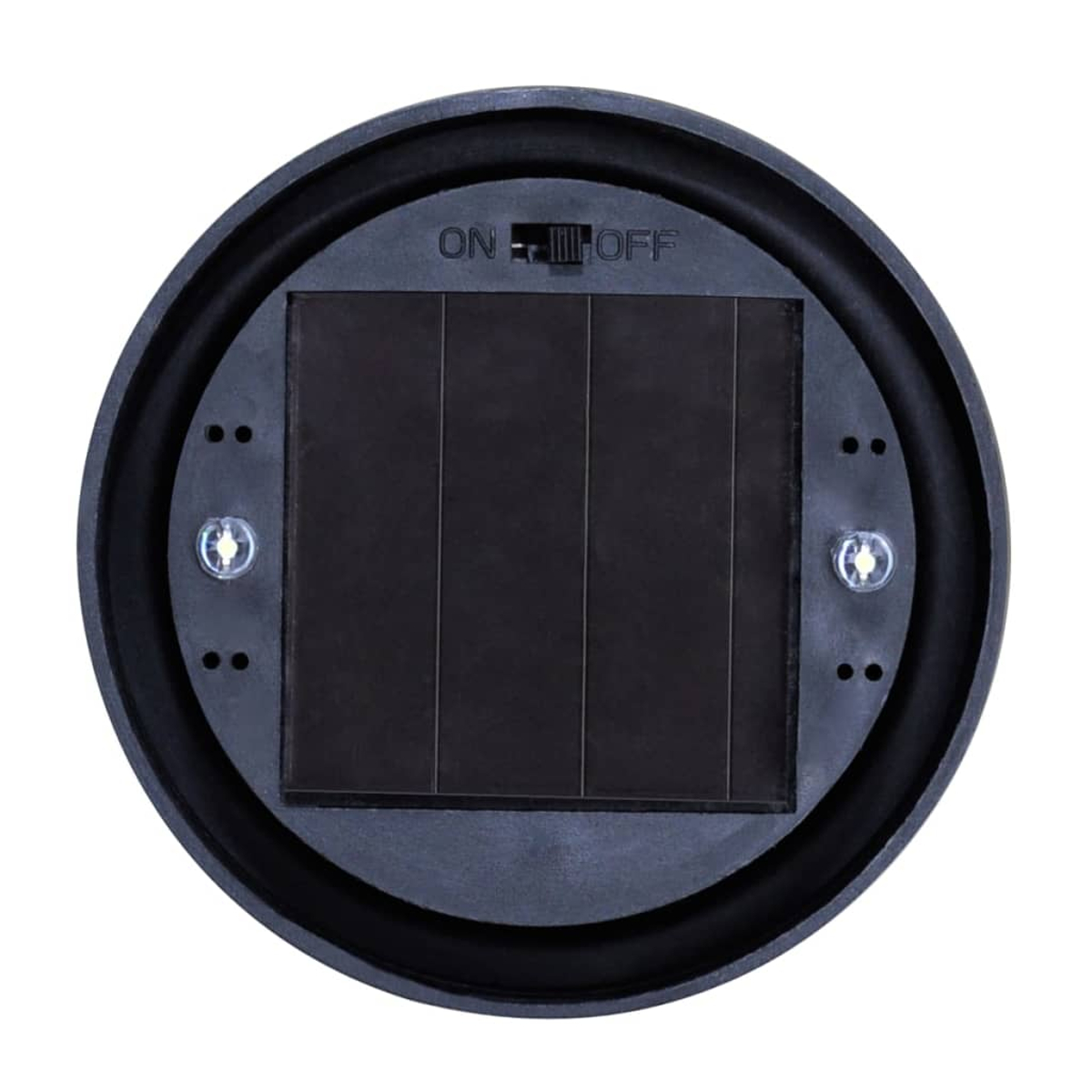 Schwarze Solarpanelbasis mit Ein-/Ausschalter. Hat einen dunkelgrauen Rahmen.