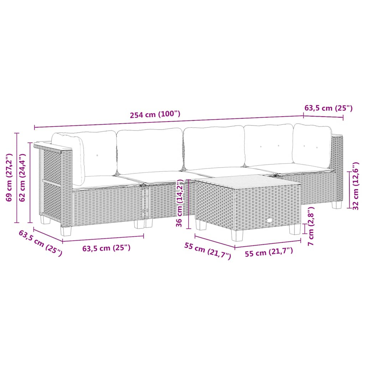 Un set di divani in rattan da esterno a forma di L con dimensioni in cm.