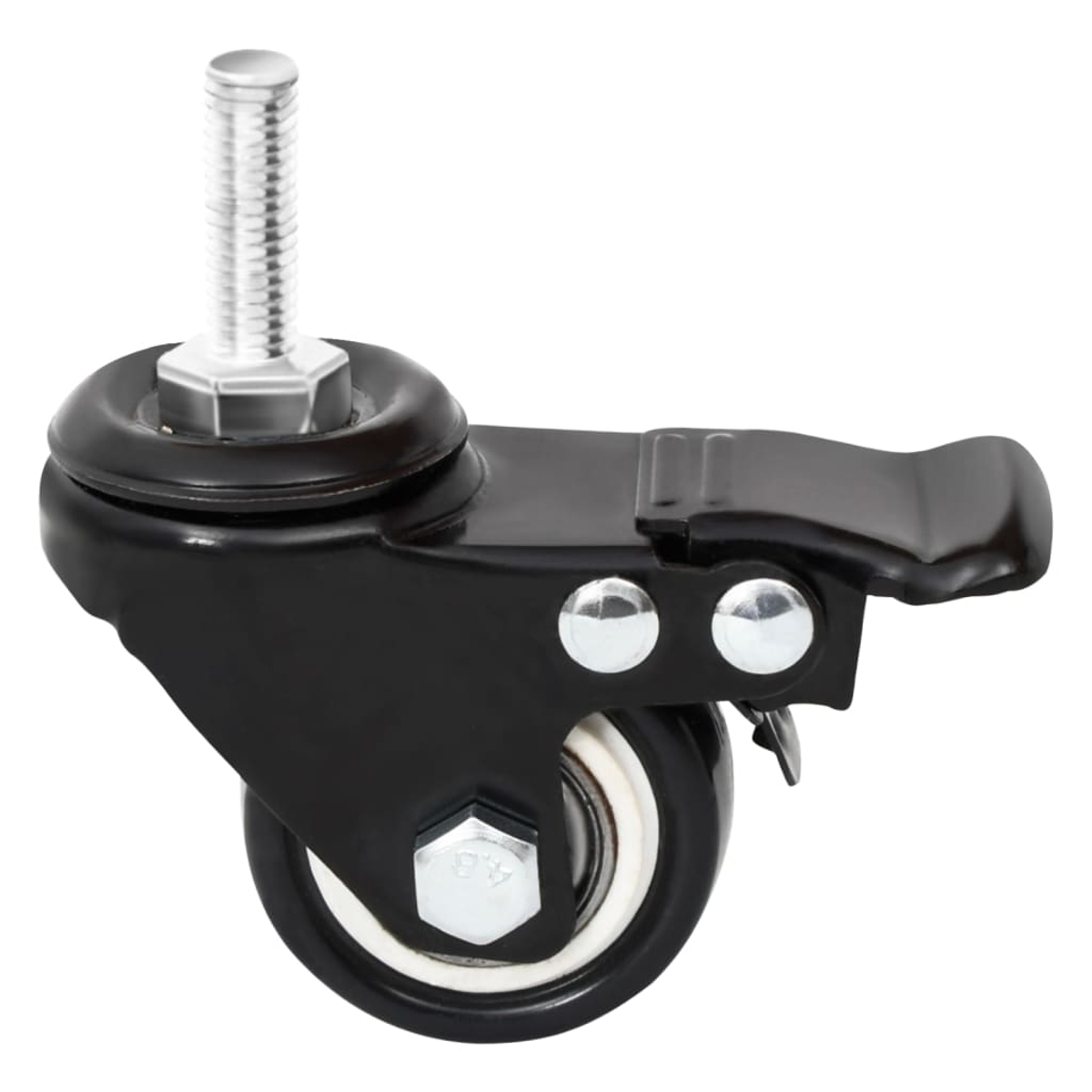 Schwarze Lenkrolle mit Metallschraube und Hebel. Das Rad ist auf weißem Grund.