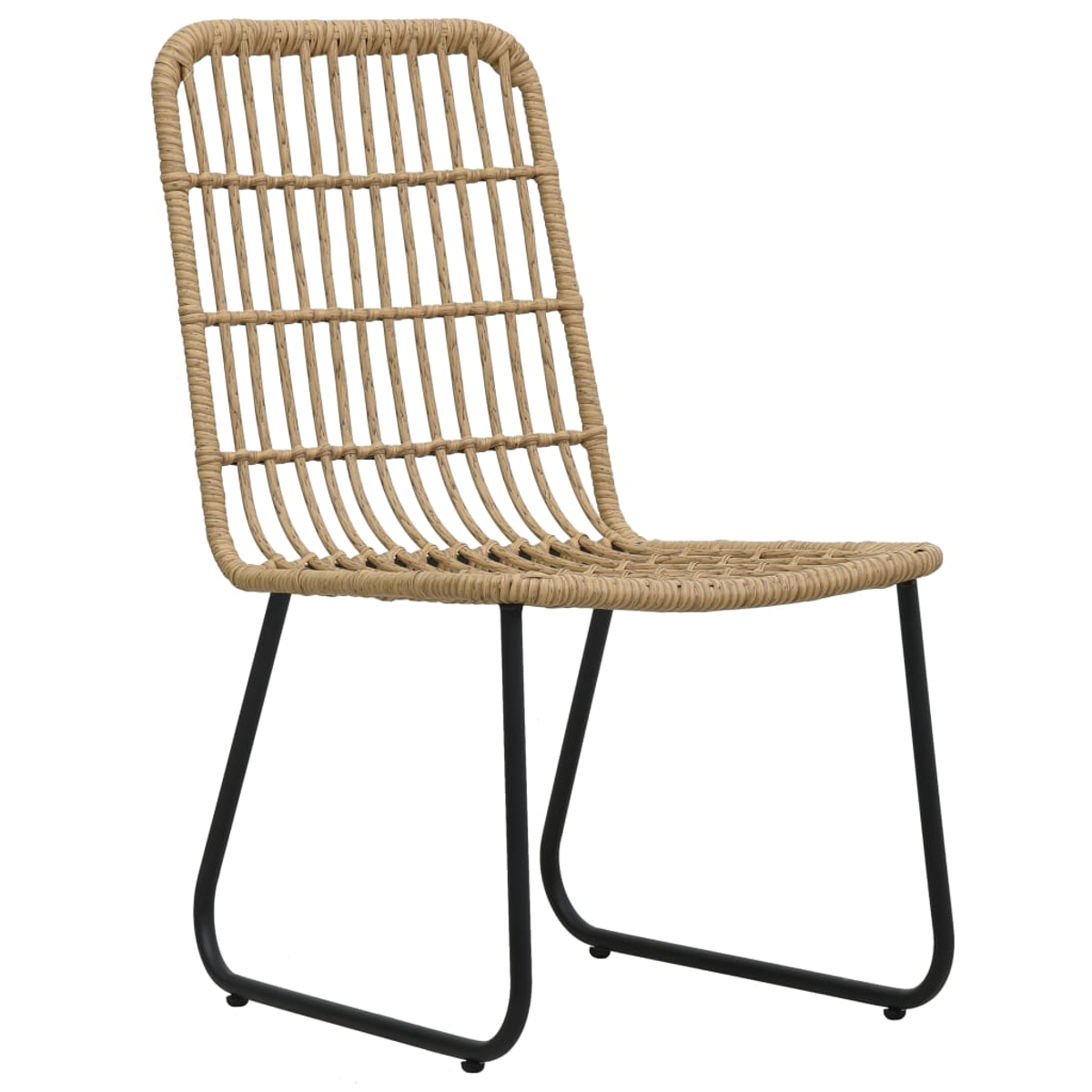 Ein Korbstuhl mit hellbraunem Sitz und schwarzen Metallbeinen.