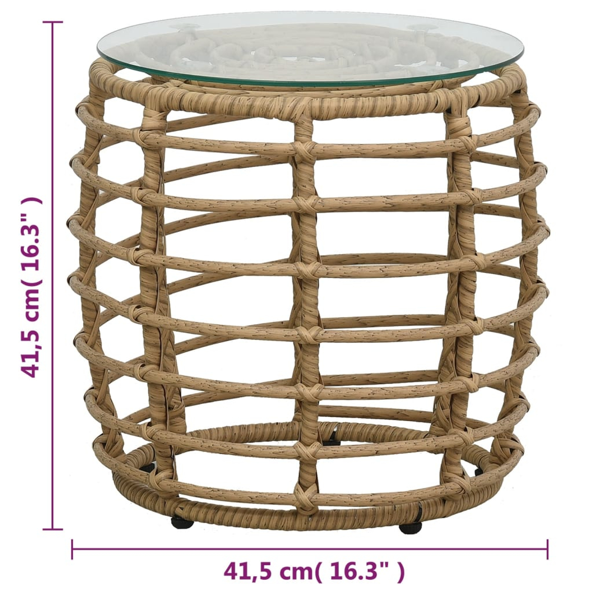 Runder Beistelltisch aus Korbgeflecht mit Glasplatte. Er ist 41,5 cm hoch und breit.