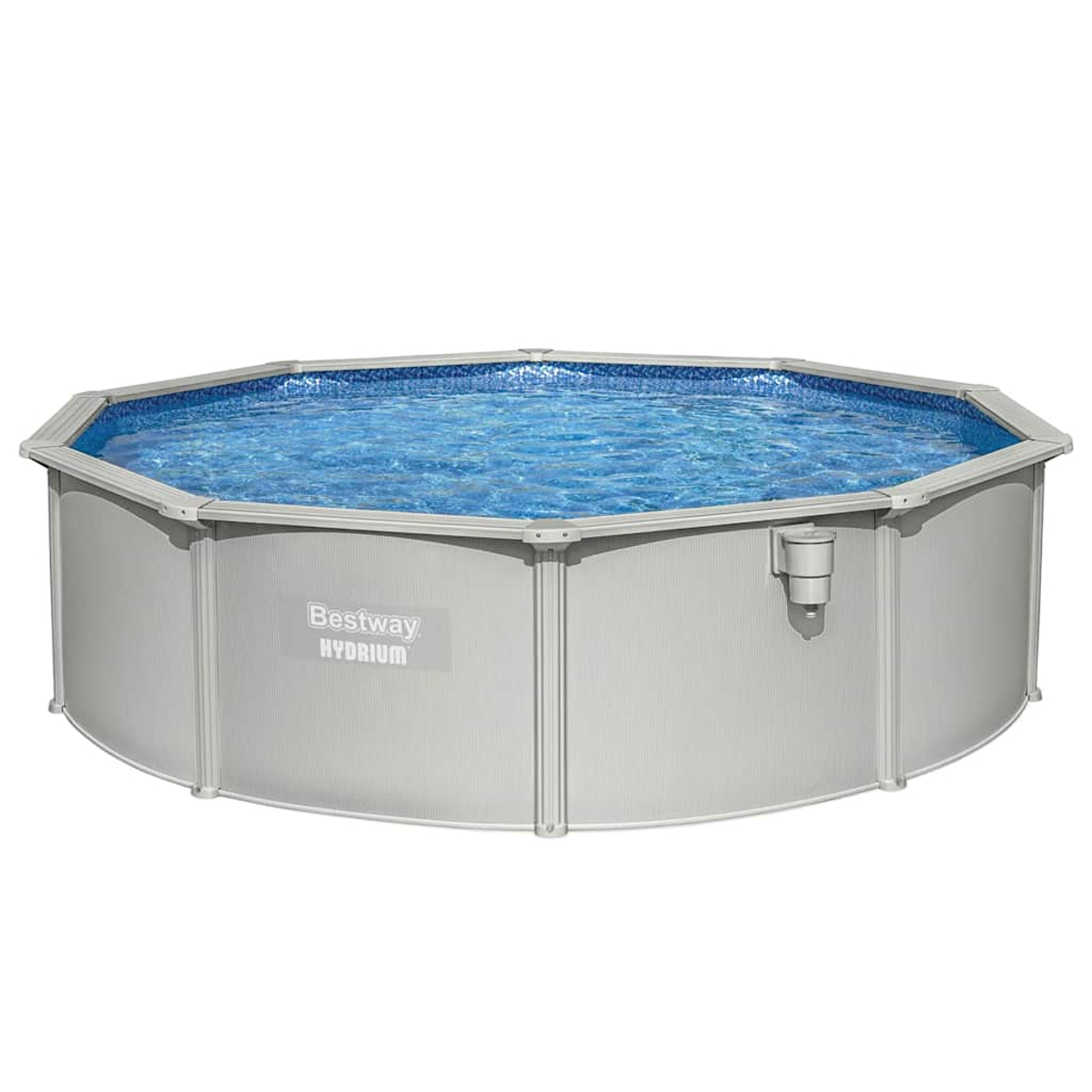 Ein oberirdischer Pool mit blauem Wasser. Der Pool hat eine graue Außenseite und eine blaue Innenseite.