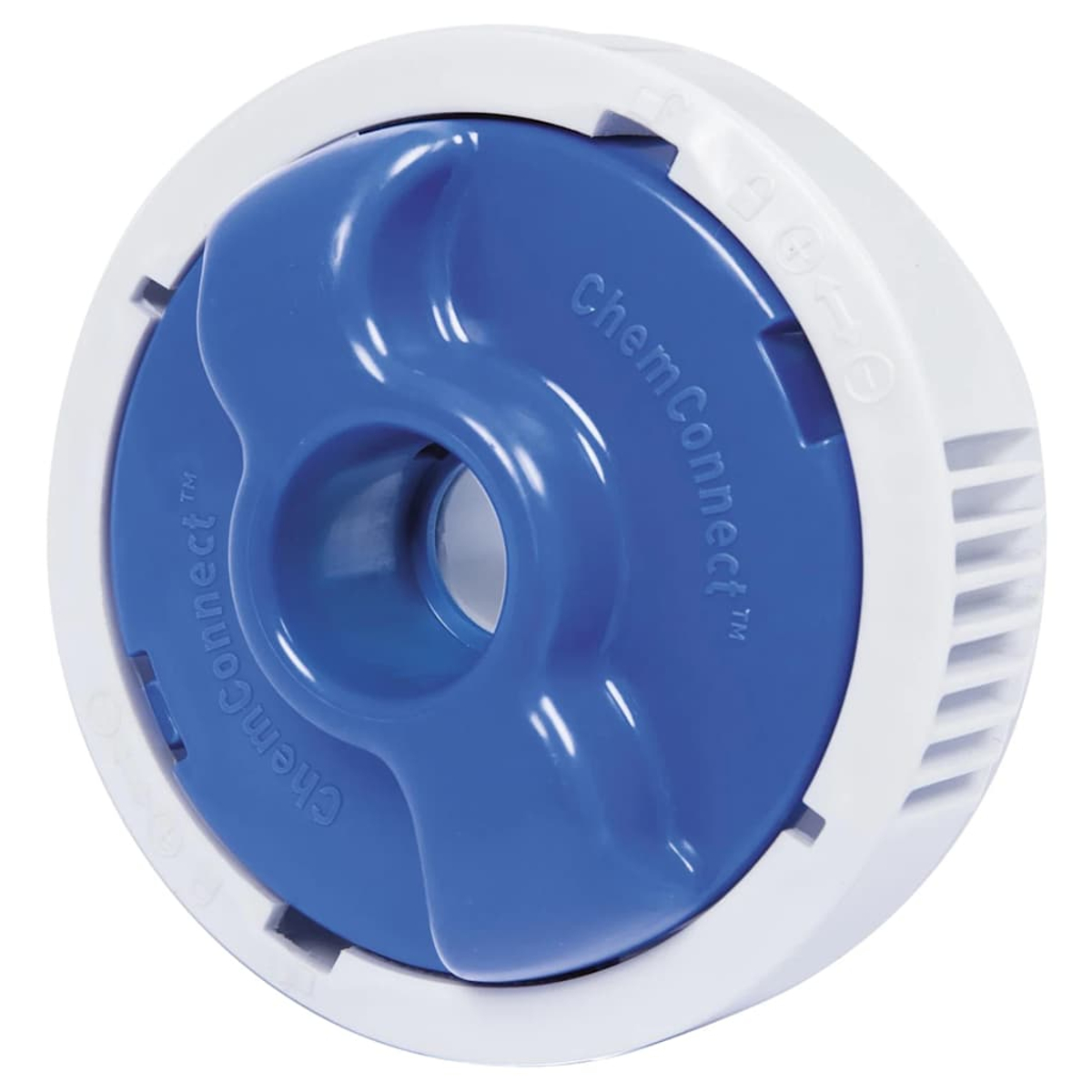 Ein weißes und blaues ChemConnect-Pool-Fitting. Das Fitting ist rund, mit einem weißen Außenring und einem blauen Zentrum.